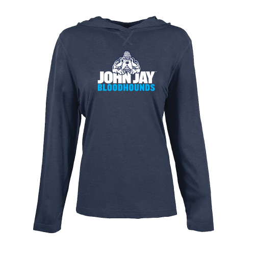 Womens Navy Heather Long Sleeve Hooded Tee-John Jay College of Criminal Justice Bloodhounds with Bloodhound Mascot