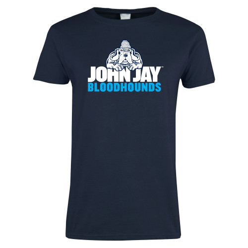 Womens Short Sleeve Navy Tee-John Jay College of Criminal Justice Bloodhounds with Bloodhound Mascot