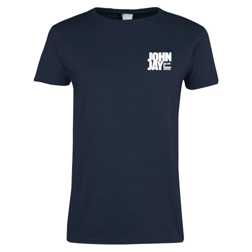 Womens Short Sleeve Navy Tee-John Jay College of Criminal Justice Primary Mark