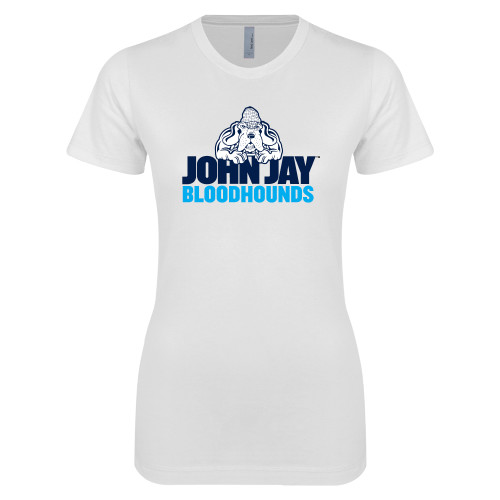Next Level Womens White Boyfriend Tee-John Jay College of Criminal Justice Bloodhounds with Bloodhound Mascot