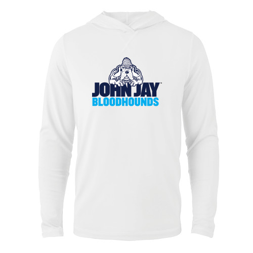 White Long Sleeve Hooded Tee-John Jay College of Criminal Justice Bloodhounds with Bloodhound Mascot