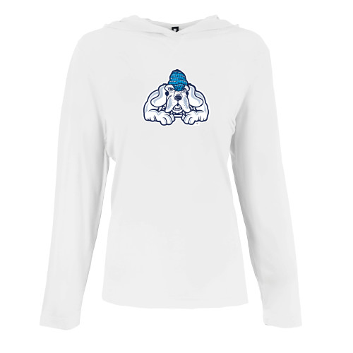 Womens White Long Sleeve Hooded Tee-John Jay College of Criminal Justice Bloodhound Mascot with Cyan