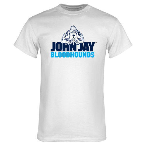 White T Shirt-John Jay College of Criminal Justice Bloodhounds with Bloodhound Mascot