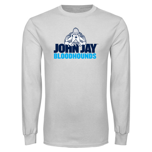 White Long Sleeve T Shirt-John Jay College of Criminal Justice Bloodhounds with Bloodhound Mascot