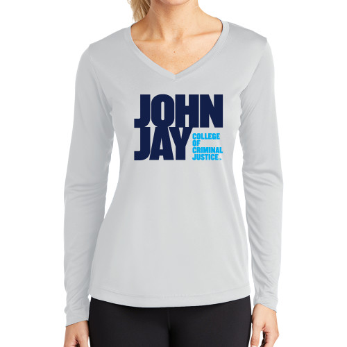 Womens White Performance Long Sleeve V Neck Shirt-John Jay College of Criminal Justice Primary Mark