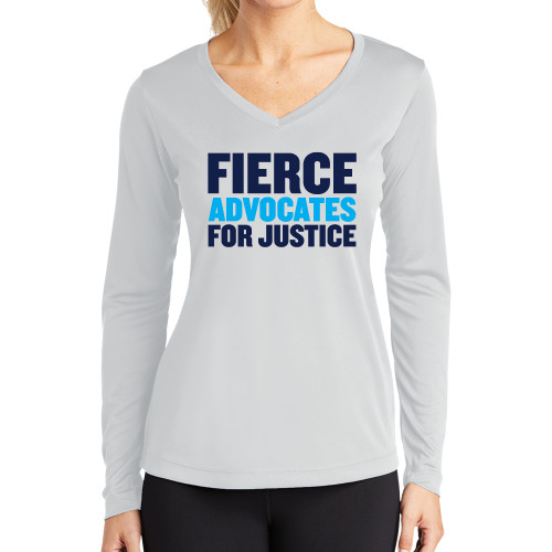 Womens White Performance Long Sleeve V Neck Shirt-John Jay College of Criminal Justice Fierce Advocates For Justice