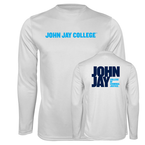 White Performance Long Sleeve Shirt-John Jay College of Criminal Justice Wordmark Horizontal