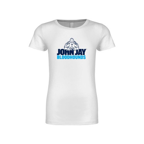 Next Level Girls White Fashion Fit T Shirt-John Jay College of Criminal Justice Bloodhounds with Bloodhound Mascot