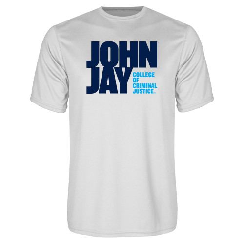 White Performance Tee-John Jay College of Criminal Justice Primary Mark