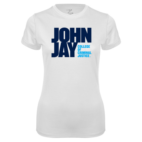 Womens White Performance Tee-John Jay College of Criminal Justice Primary Mark