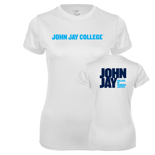 Womens White Performance Tee-John Jay College of Criminal Justice Wordmark Horizontal