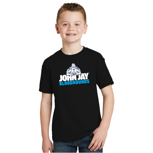 Youth Black T Shirt-John Jay College of Criminal Justice Bloodhounds with Bloodhound Mascot