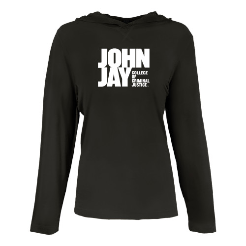 Womens Black Long Sleeve Hooded Tee-John Jay College of Criminal Justice Primary Mark