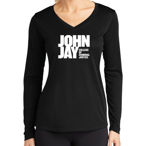 Womens Black Performance Long Sleeve V Neck Shirt-John Jay College of Criminal Justice Primary Mark