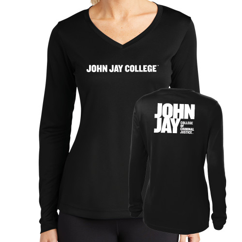 Womens Black Performance Long Sleeve V Neck Shirt-John Jay College of Criminal Justice Wordmark Horizontal