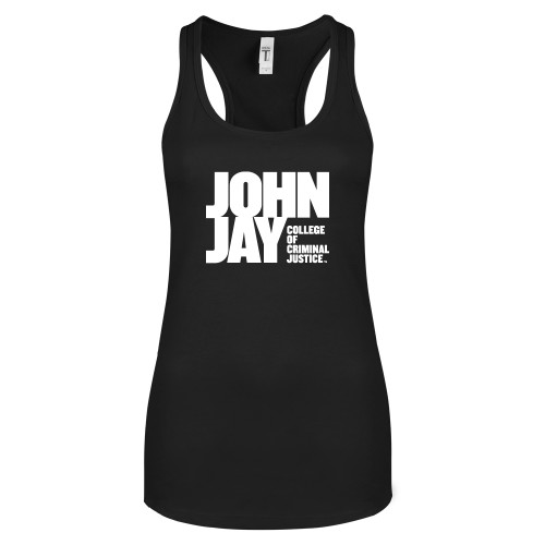 Next Level Womens Black Racerback Tank -John Jay College of Criminal Justice Primary Mark