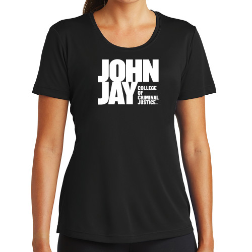 Womens Black Performance Tee-John Jay College of Criminal Justice Primary Mark