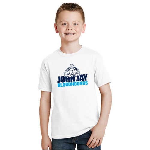 Youth White T Shirt-John Jay College of Criminal Justice Bloodhounds with Bloodhound Mascot