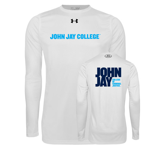 Under Armour White Long Sleeve Tech Tee-John Jay College of Criminal Justice Wordmark Horizontal