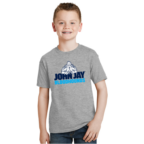 Youth Grey T Shirt-John Jay College of Criminal Justice Bloodhounds with Bloodhound Mascot