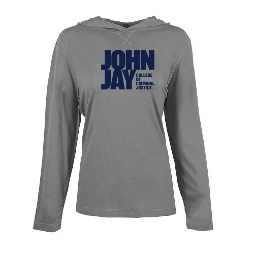 Womens Grey Heather Long Sleeve Hooded Tee-John Jay College of Criminal Justice Primary Mark