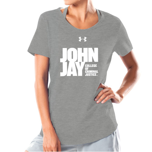 Under Armour Womens Grey Charged Cotton Tee-John Jay College of Criminal Justice Primary Mark