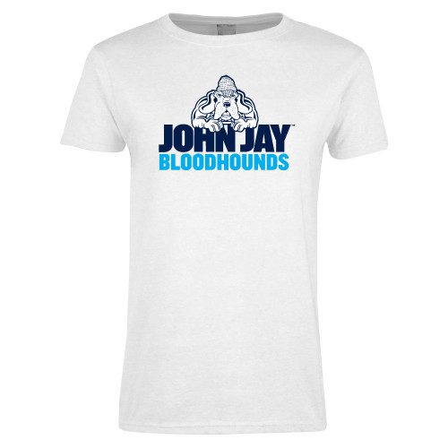 Womens White Short Sleeve Tee-John Jay College of Criminal Justice Bloodhounds with Bloodhound Mascot