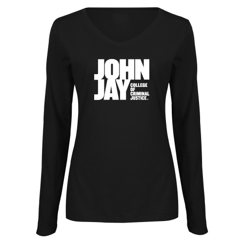 Womens Black Long Sleeve V Neck Tee -John Jay College of Criminal Justice Primary Mark