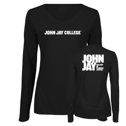 Womens Black Long Sleeve V Neck Tee -John Jay College of Criminal Justice Wordmark Horizontal