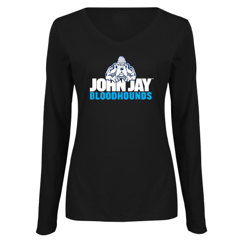 Womens Black Long Sleeve V Neck Tee -John Jay College of Criminal Justice Bloodhounds with Bloodhound Mascot