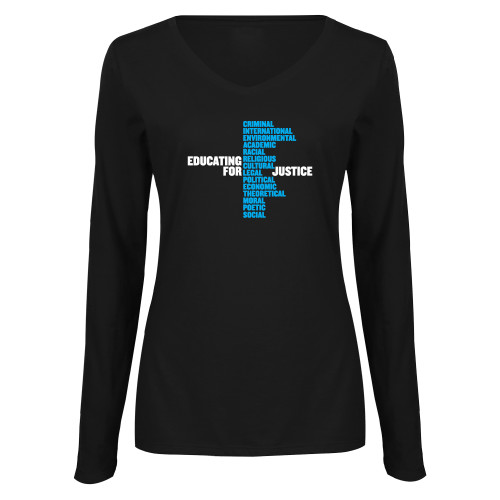 Womens Black Long Sleeve V Neck Tee -John Jay College of Criminal Justice Educating For Justice