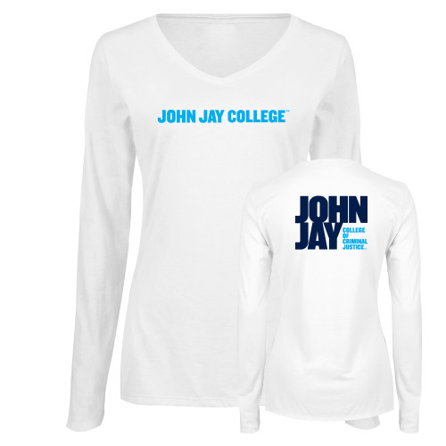 Womens White Long Sleeve V Neck Tee-John Jay College of Criminal Justice Wordmark Horizontal