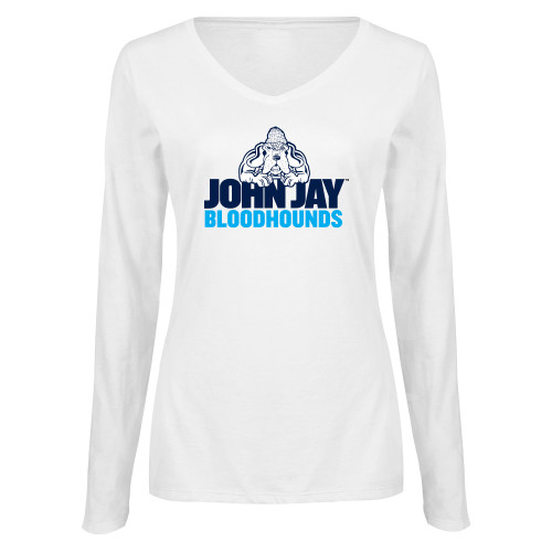 Womens White Long Sleeve V Neck Tee-John Jay College of Criminal Justice Bloodhounds with Bloodhound Mascot