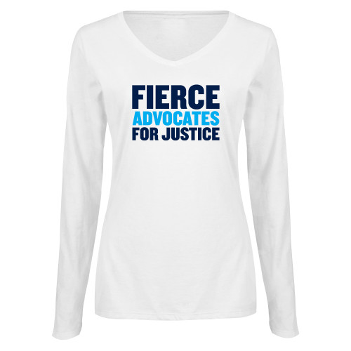 Womens White Long Sleeve V Neck Tee-John Jay College of Criminal Justice Fierce Advocates For Justice
