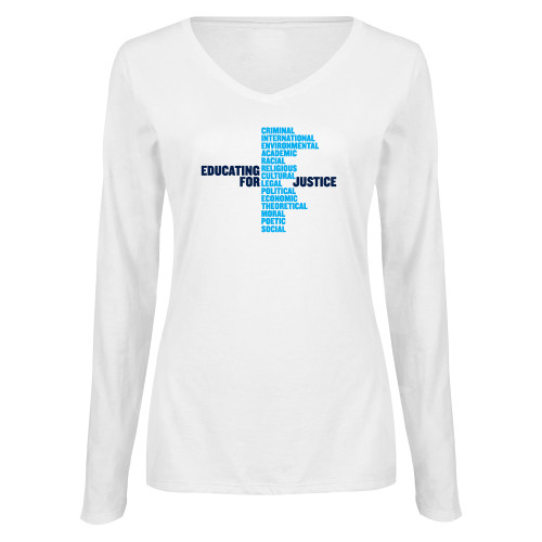 Womens White Long Sleeve V Neck Tee-John Jay College of Criminal Justice Educating For Justice
