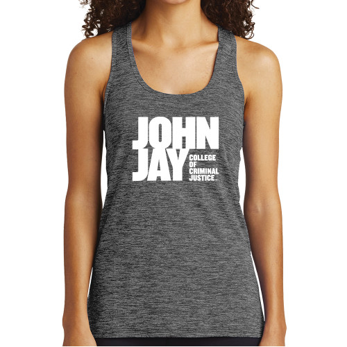 Womens Performance Grey/Black Heather Tank-John Jay College of Criminal Justice Primary Mark