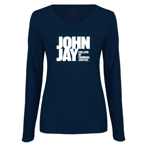 Womens Navy Long Sleeve V Neck Tee-John Jay College of Criminal Justice Primary Mark