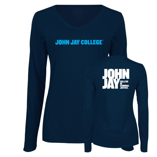 Womens Navy Long Sleeve V Neck Tee-John Jay College of Criminal Justice Wordmark Horizontal