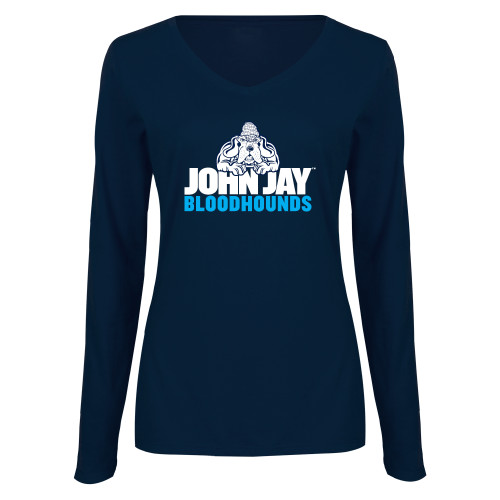 Womens Navy Long Sleeve V Neck Tee-John Jay College of Criminal Justice Bloodhounds with Bloodhound Mascot