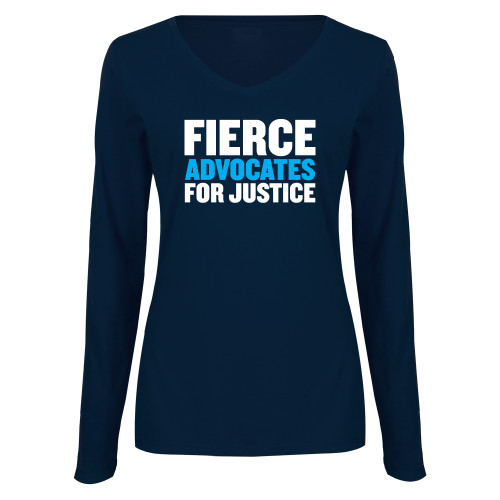 Womens Navy Long Sleeve V Neck Tee-John Jay College of Criminal Justice Fierce Advocates For Justice
