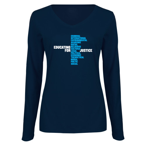 Womens Navy Long Sleeve V Neck Tee-John Jay College of Criminal Justice Educating For Justice