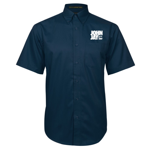 Navy Twill Button Down Short Sleeve-John Jay College of Criminal Justice Primary Mark