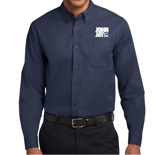 Navy Twill Button Down Long Sleeve-John Jay College of Criminal Justice Primary Mark