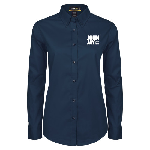 Womens Navy Twill Button Down Long Sleeve -John Jay College of Criminal Justice Primary Mark