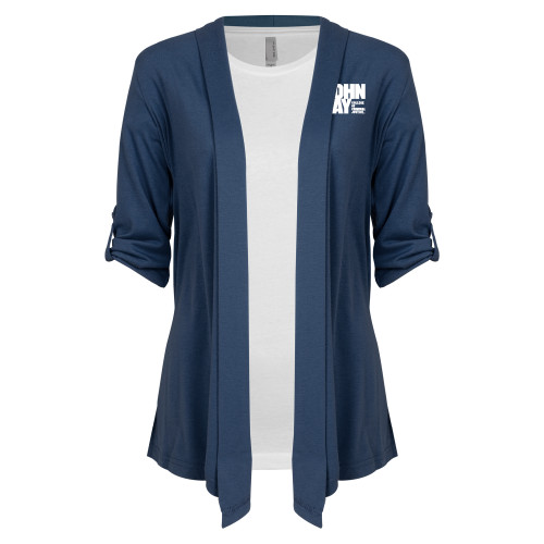 Womens Navy Drape Front Cardigan Sweater -John Jay College of Criminal Justice Primary Mark
