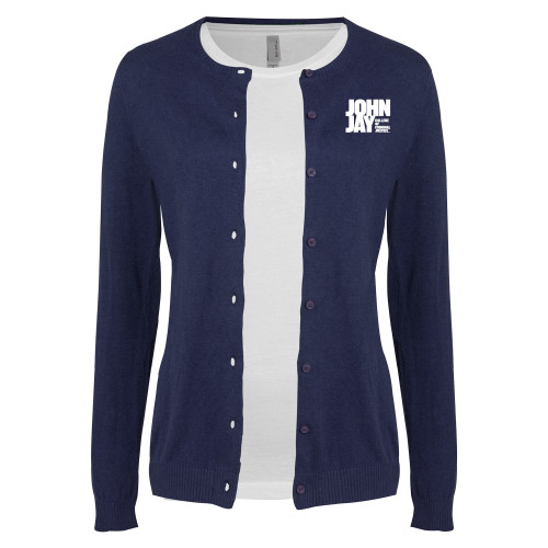 Womens Navy Cardigan Sweater-John Jay College of Criminal Justice Primary Mark
