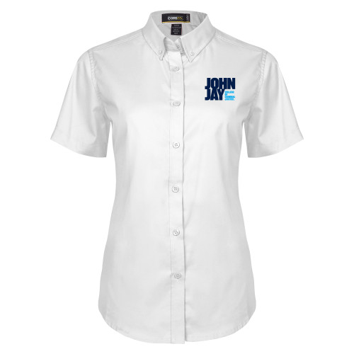 Womens White Twill Button Up Short Sleeve-John Jay College of Criminal Justice Primary Mark