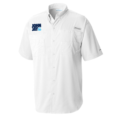 Columbia White Tamiami Performance Short Sleeve Shirt-John Jay College of Criminal Justice Primary Mark