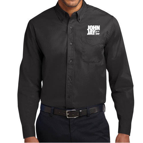 Black Twill Button Down Long Sleeve-John Jay College of Criminal Justice Primary Mark