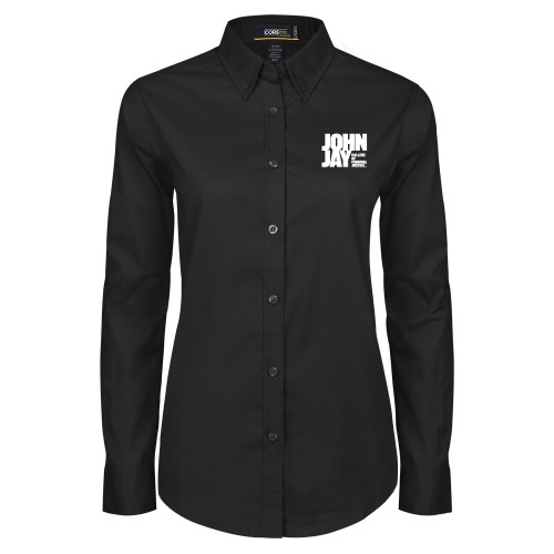 Womens Black Twill Button Down Long Sleeve -John Jay College of Criminal Justice Primary Mark